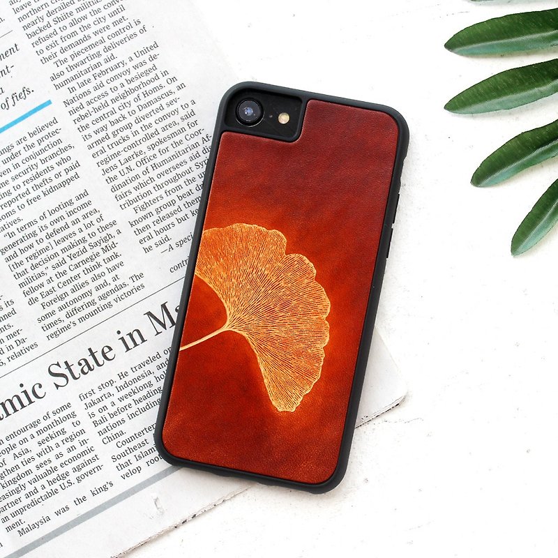 紅棕銀杏葉iphone11 pro 78 plus x xs max xr 皮革手機殼 保護殼 - 手機殼/手機套 - 真皮 金色