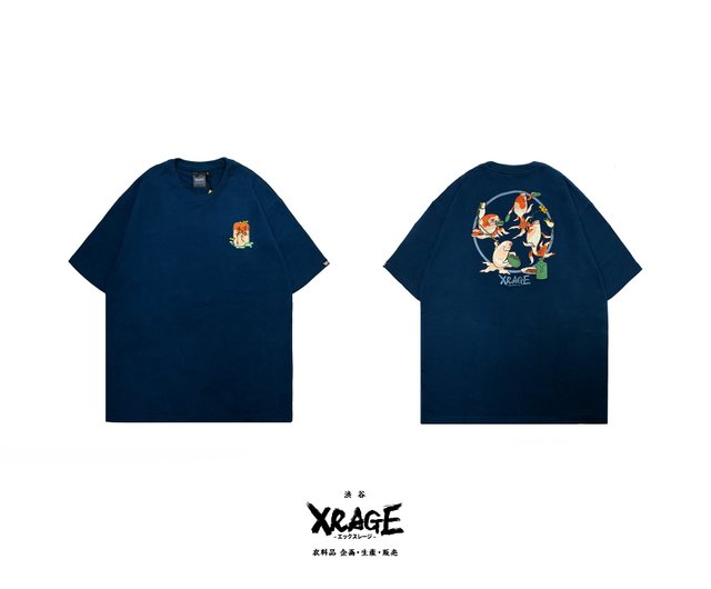 青色の魚イラストTシャツ 浮世絵金魚刺繍Tブルー - ショップ XRAGE（エックスレージ） T