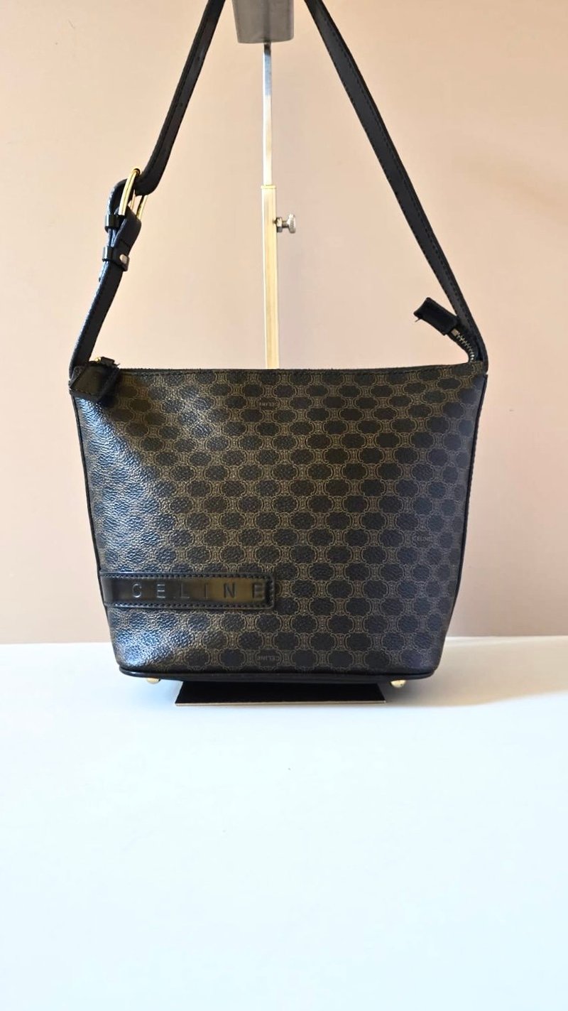 中古包 Celine黑色老花飯盒包 腋下包 側背包 單肩包 二手古董包 - 側背包/斜背包 - 真皮 黑色