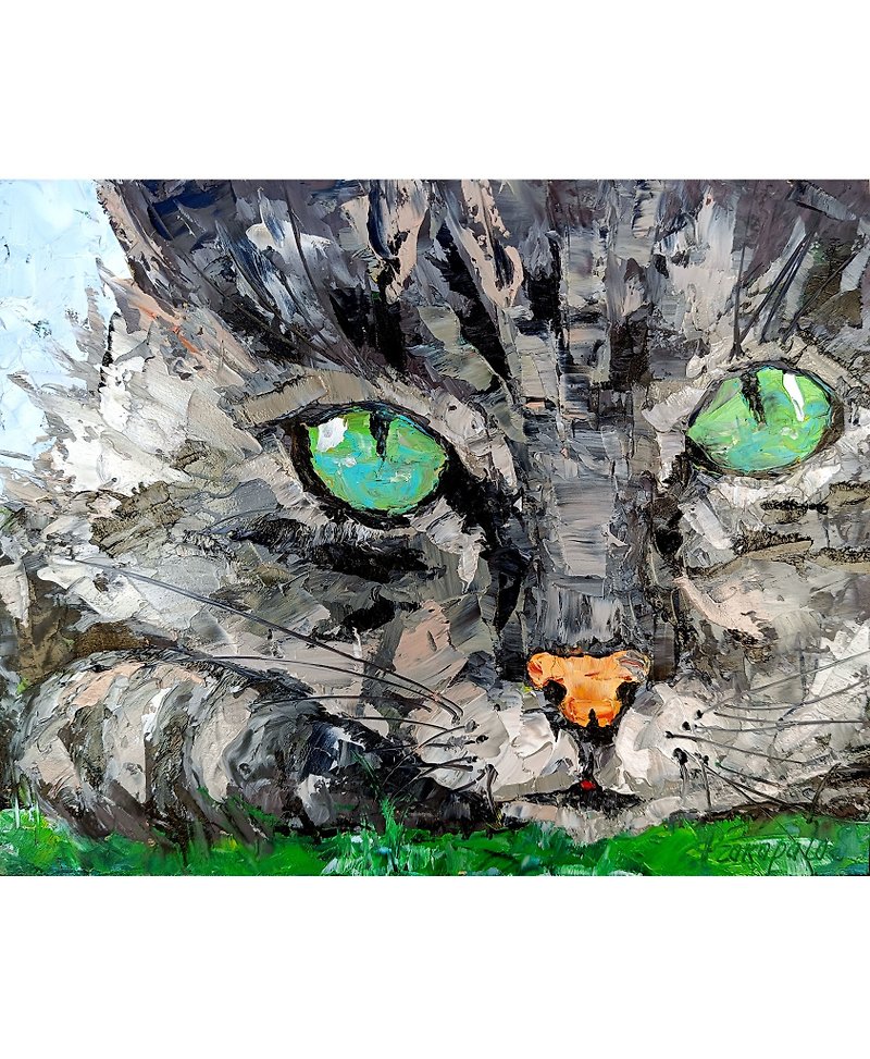 Cat Painting Animal Original Art  8 x 10 - Wall Décor - Other Materials Gray