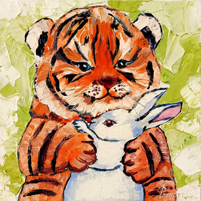 Tiger cub Painting Rabbit Painting Animal Original Art  (25,4cm * 25,4cm) - ตกแต่งผนัง - วัสดุอื่นๆ สีส้ม