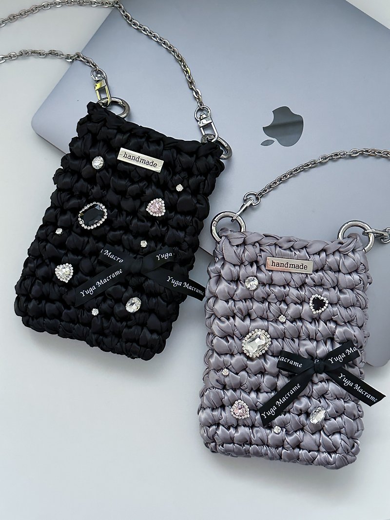 Spring and summer handmade crochet bag satin mobile phone bag - Messenger Bags & Sling Bags - Nylon 