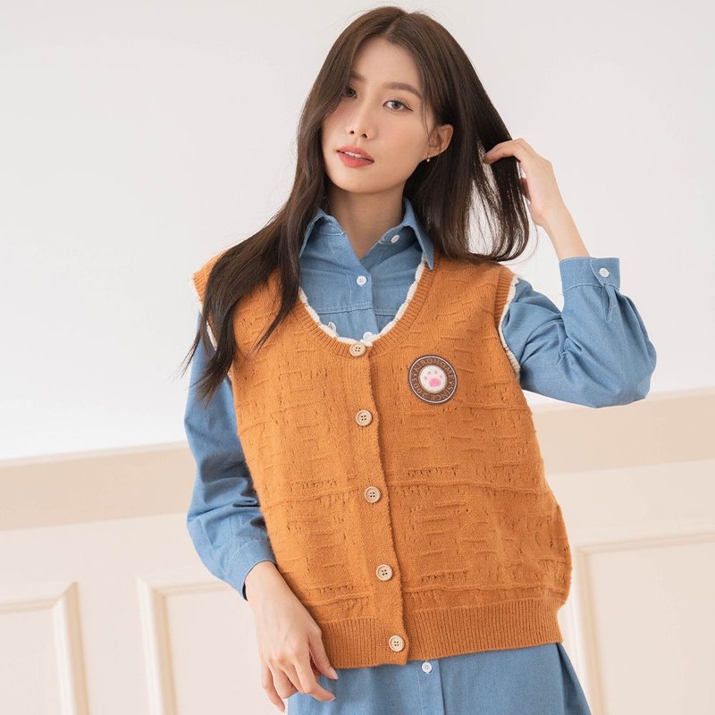 Cat paw towel embroidered V-neck wool vest [91000301] - เสื้อกั๊กผู้หญิง - ผ้าฝ้าย/ผ้าลินิน สีส้ม