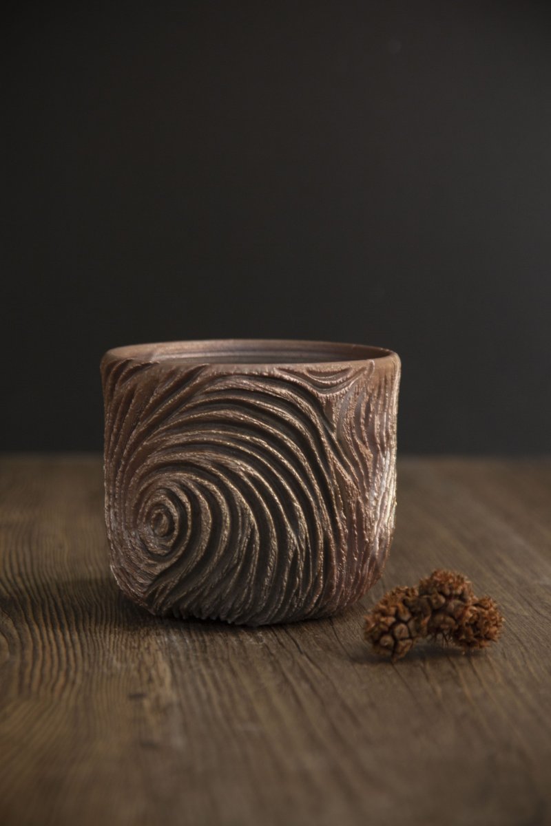 中盆∣手刻風化木紋∣柴燒植木缽、手工盆∣塊根多肉植物∣微瑕 - 花瓶/花器 - 陶 金色