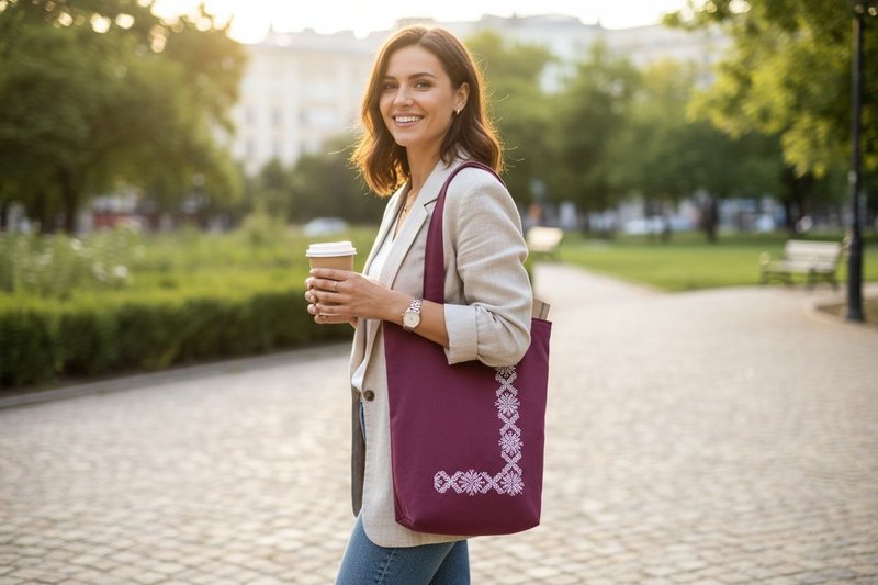 手作酒紅色托特包   白色刺繡獨特布料肩包   女性友善環保禮物 - 手提包/手提袋 - 棉．麻 多色