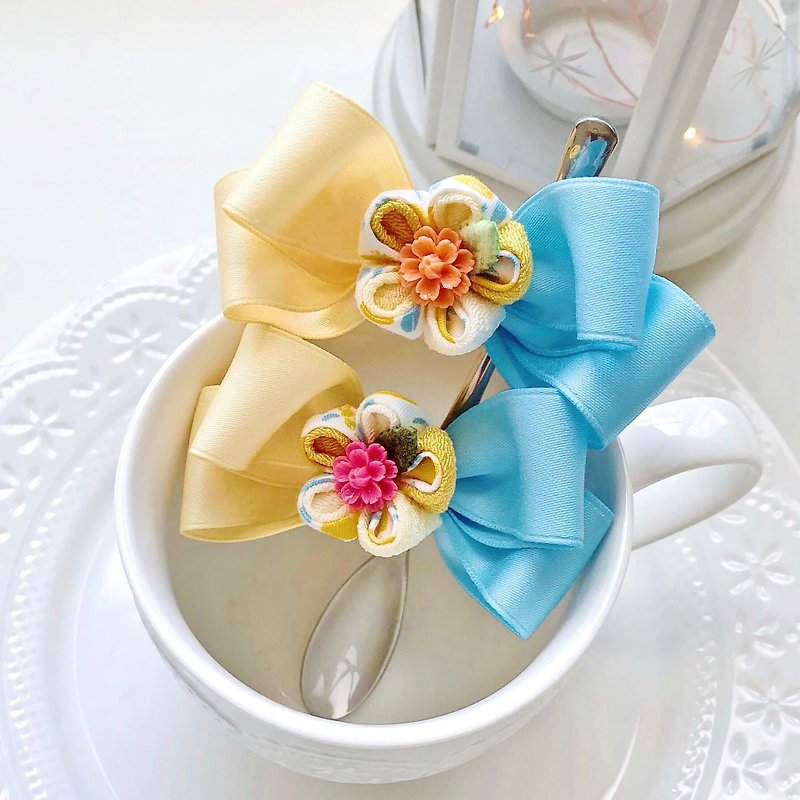 日本スタイルと風の花布カラーマッチング弓樹脂樹脂花の子供の赤ちゃんのヘアクリップ - ベビー用小物 - その他の素材 イエロー