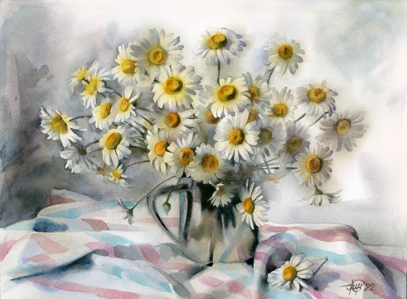 Daisy hand painted watercolor, handmade paintings, wall art, home wall decor - ตกแต่งผนัง - กระดาษ หลากหลายสี