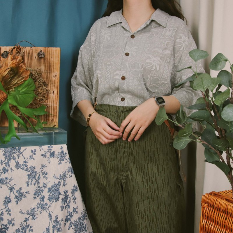 Tsubasa.Y│夏威夷衫B18 淺灰色 花襯衫 印花 夏季 上衣 - 男襯衫/休閒襯衫 - 絲．絹 灰色