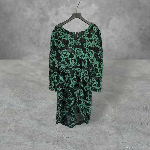 蘿綺莉蕾芭索 二手 黑綠 蕾絲 透視 緞帶 外罩式 前開衩腰下 長袖 洋裝 PF518