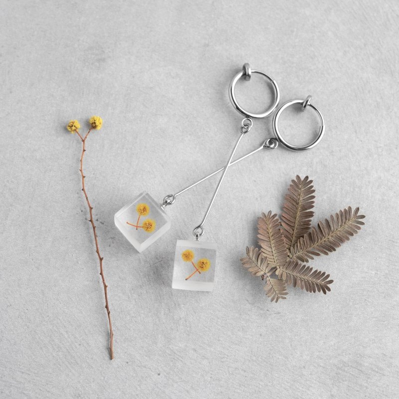 Mimosa, Long Earrings, Flower lover, Simple, Stainless Steel, Silver Color, Birthday Gift - ต่างหู - เรซิน สีเหลือง