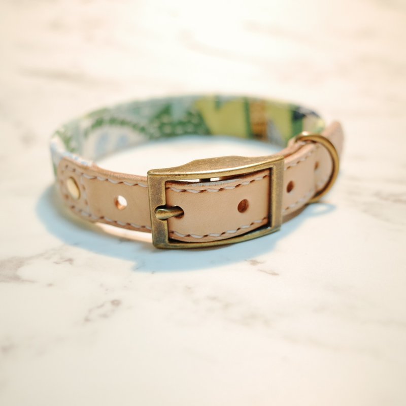 狗 項圈 M+號 淺綠 森林裡的動物們 植鞣皮 可上牽繩 - 項圈/牽繩 - 棉．麻 