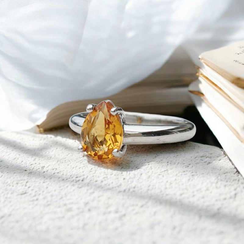 Citrine ring, silver 925 white gold plated setting - General Rings - Gemstone Yellow