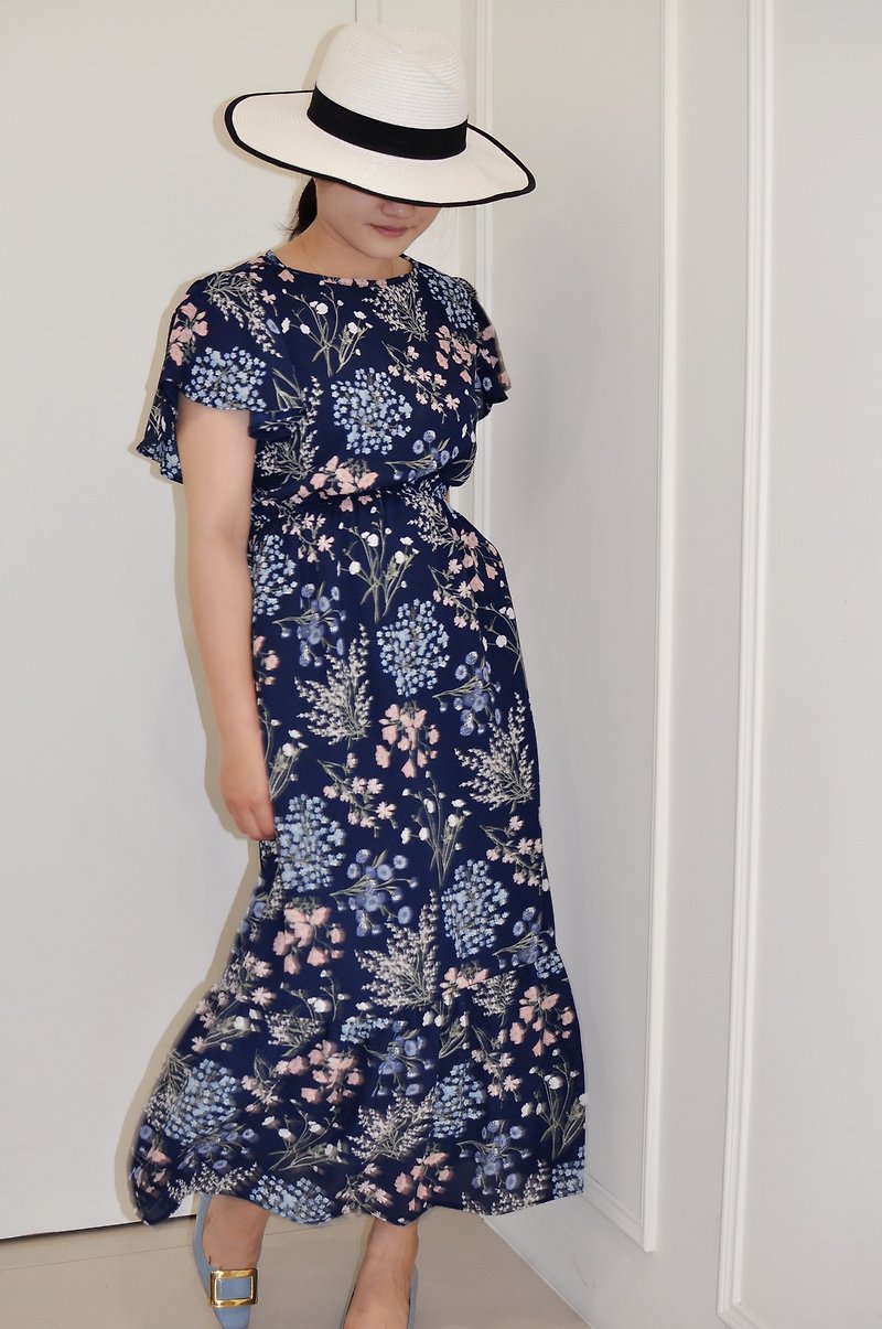 Flat 135 X Taiwan designer series wave sleeve dress blue Pugongying chiffon fabric - One Piece Dresses - Polyester Blue