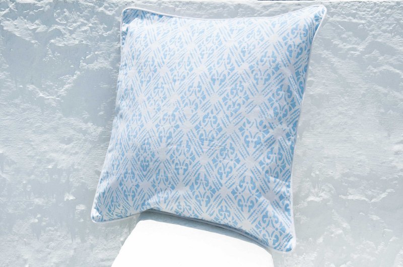 Handmade woodcut printed pillowcase cotton pillowcase handmade printed pillowcase - Moroccan blue flowers - Pillows & Cushions - Cotton & Hemp Blue