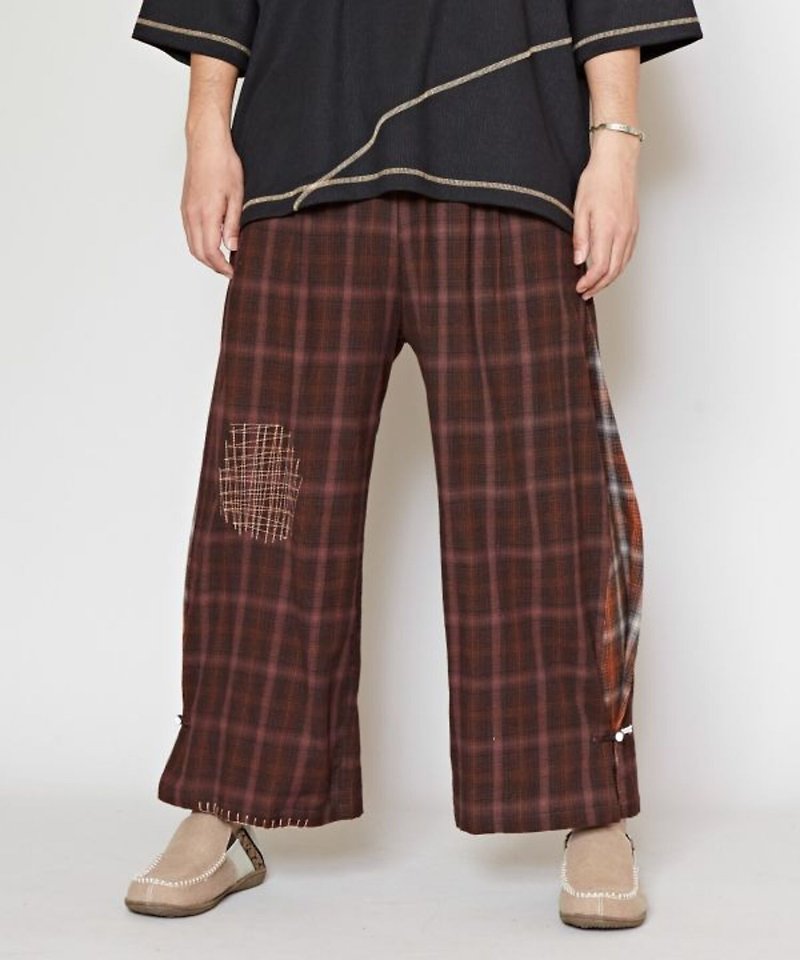 [Popular pre-order] Plaid stitching Rajasthan layered blanket edge wide pants (3 colors) ISA-4107 - กางเกงขายาว - วัสดุอื่นๆ 
