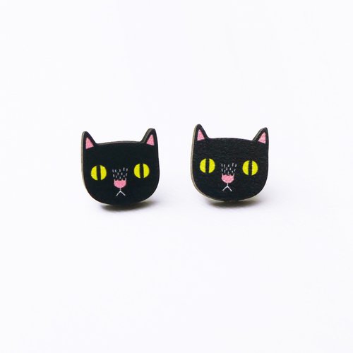Minifanfan Black Cat 黑貓木製耳環 原創插畫耳環 耳針無耳洞耳夾