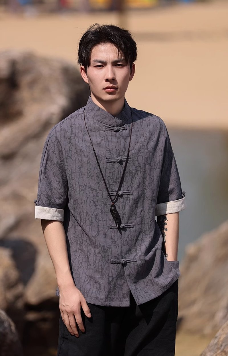 New Chinese retro linen buttoned shirt Tang suit loose short-sleeved T-shirt - Men's T-Shirts & Tops - Other Materials Gray