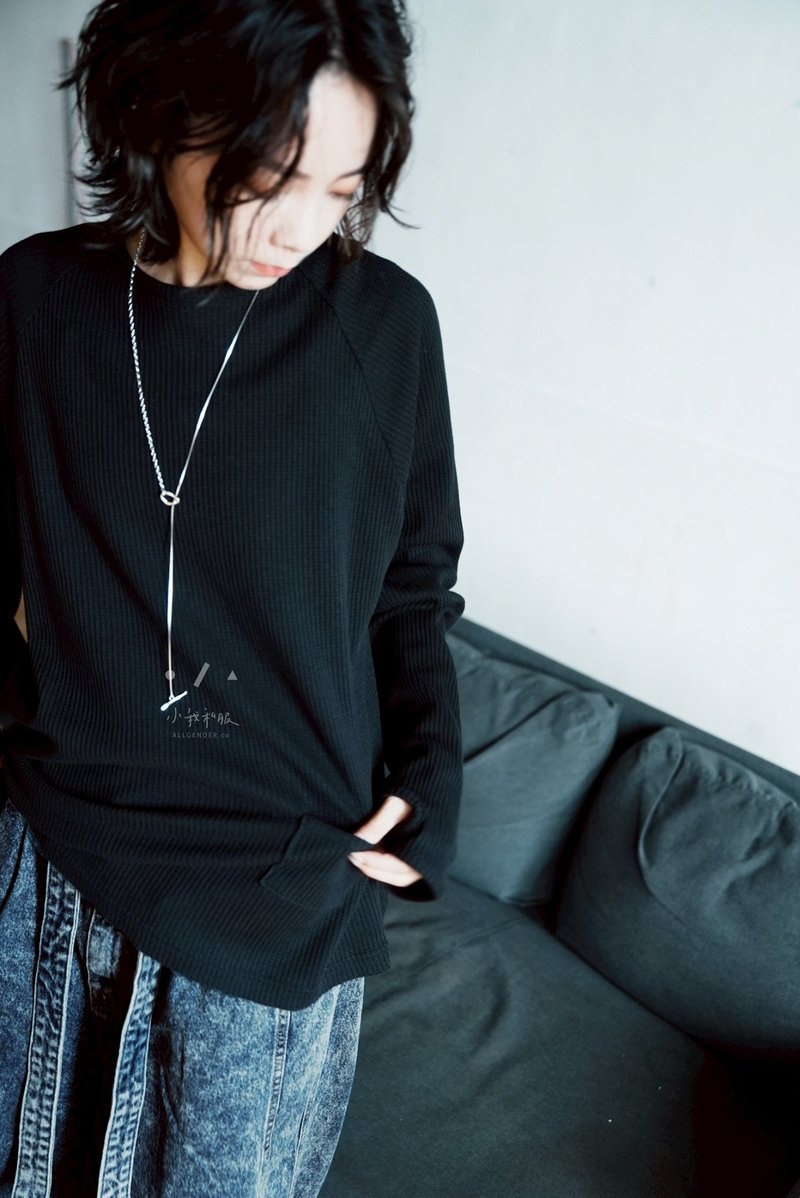 大拇勾華夫格長袖上衣 - 2色 - 黑 - 女上衣/長袖上衣 - 棉．麻 黑色