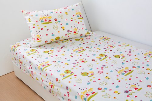 BOREII 防蟎防水透氣純棉寢具床包枕套組 <快樂娃娃> 單人 保潔墊 尿布墊 防水墊
