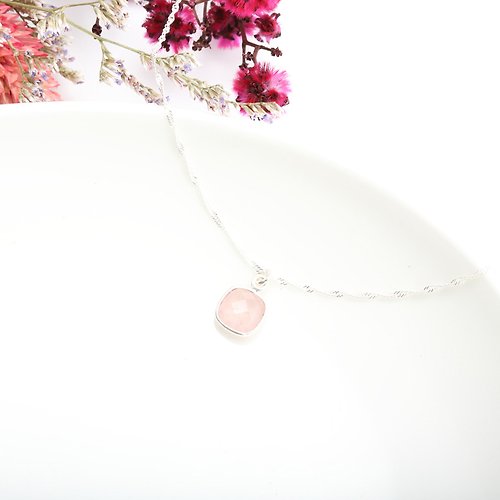 Angel & Me 珠寶銀飾 方形粉晶(水波鍊) Rose Quartz s925 純銀項鍊 情人節 禮物