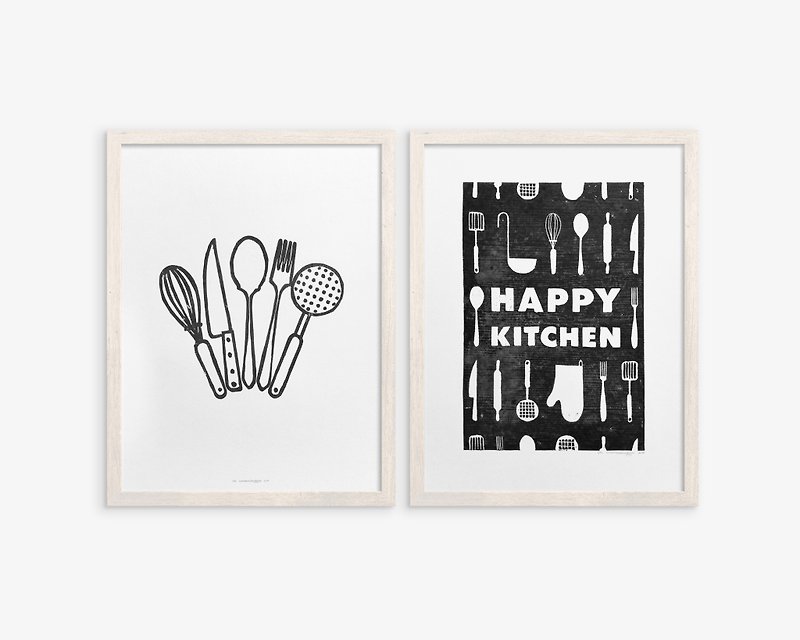 Gallery wall set of 2 Black utensils pattern Happy kitchen sign Linocut print - Posters - Paper Black
