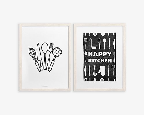 daashart Gallery wall set of 2 Black utensils pattern Happy kitchen sign Linocut print