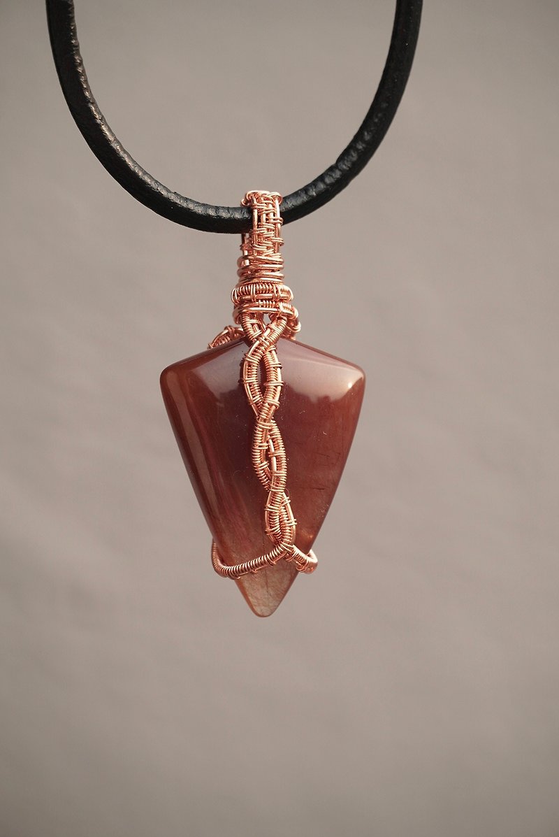 Protective cover/red rabbit hair crystal/crystal pendant/with leather rope/ Bronze braiding art braiding - สร้อยคอ - คริสตัล สีแดง