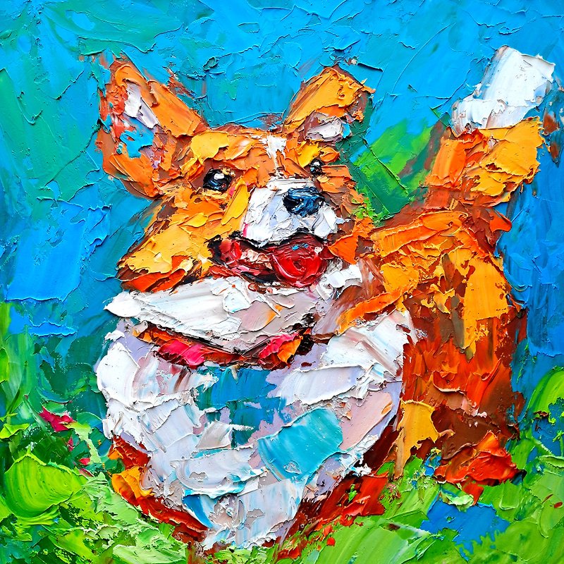 Corgi Oil Painting Animals Wall Art Pet Artwork Gifts for Her - 牆貼/牆身裝飾 - 其他材質 多色