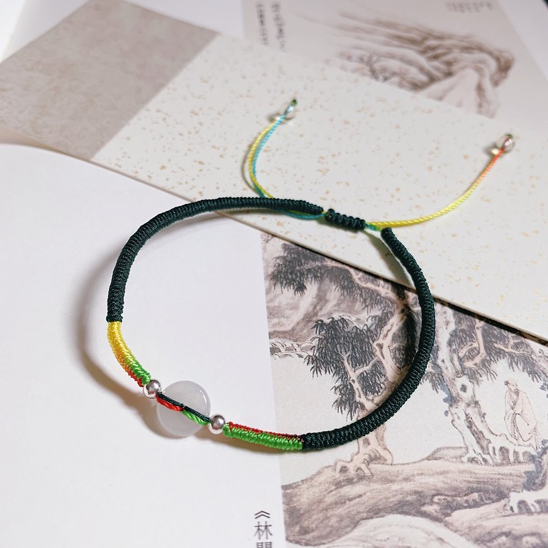 Handmade-Suddenly Hear the Sound of Pipa / Natural Jadeite Small Safe Clasp Bracelet Multicolored Rope Braided Hand Rope - สร้อยข้อมือ - หยก สีเขียว
