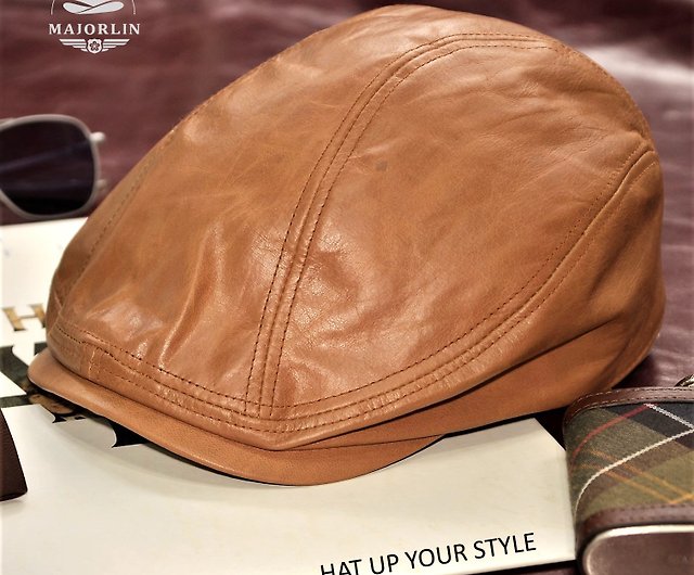 MAJORLIN cowhide peaked cap camel distressed retro Wax leather