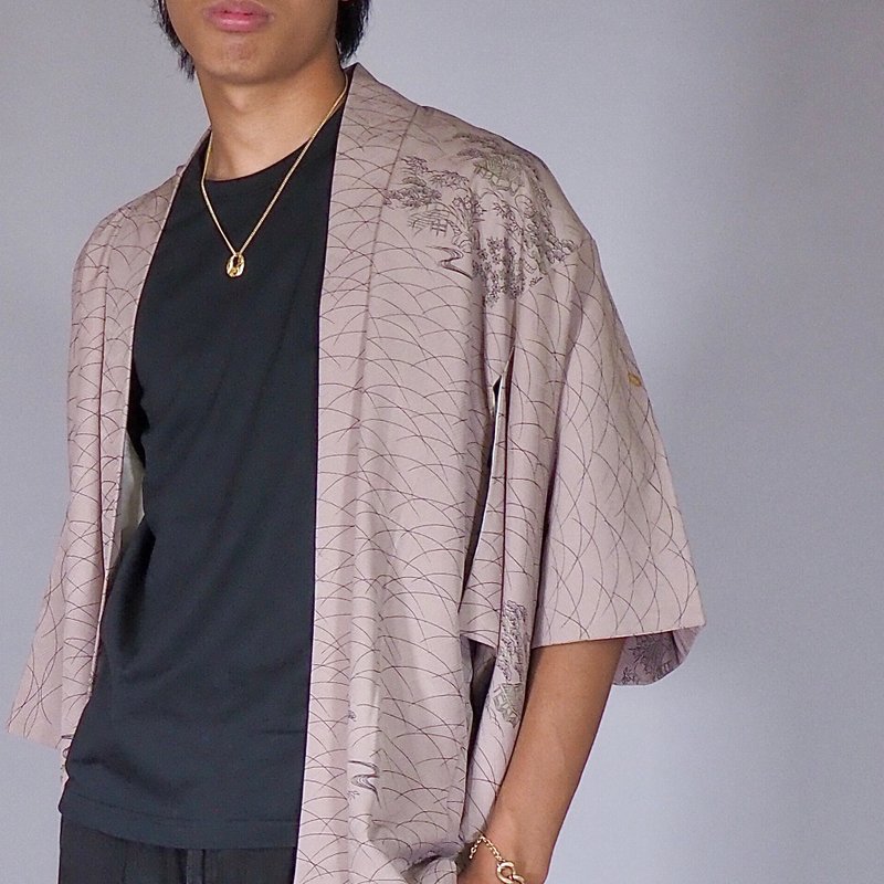 【日本製】復古羽織男式、和服夾克、和服開襟衫、灰米色 - 男夾克/外套 - 絲．絹 灰色