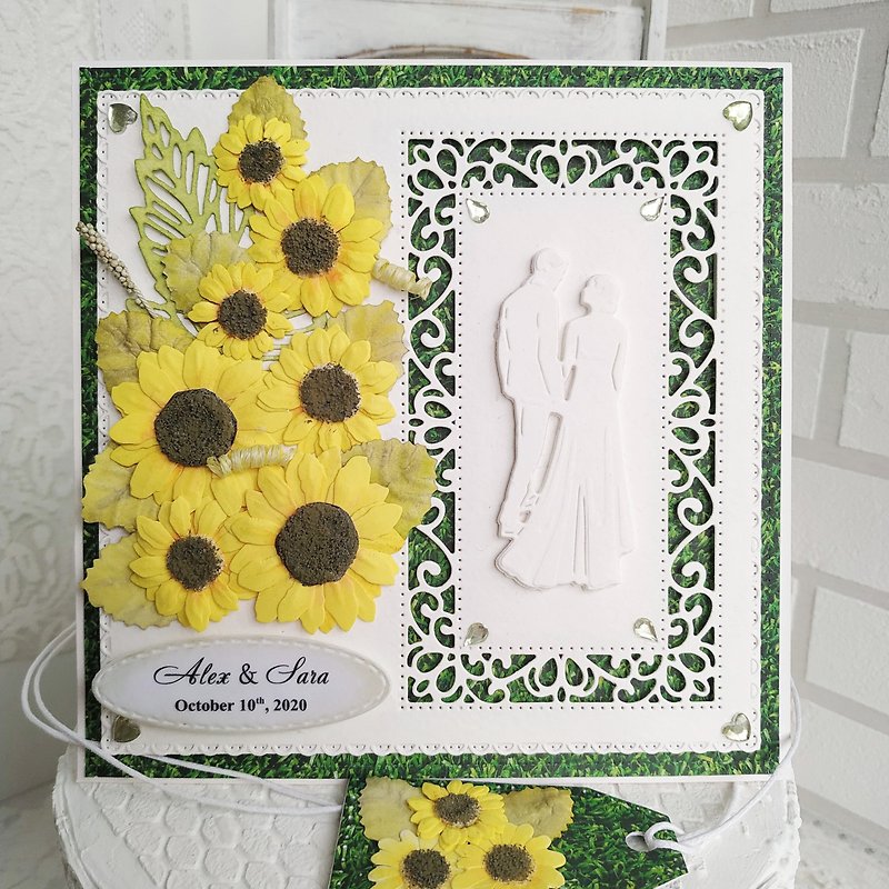 紙 卡片/明信片 綠色 - Personalized wedding card with sunflowers handmade