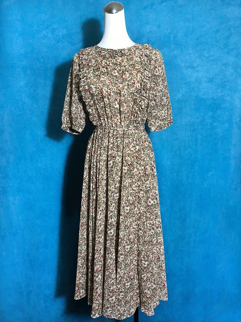Wide skirt flower ruffled short-sleeved vintage dress / abroad brought back VINTAGE - ชุดเดรส - เส้นใยสังเคราะห์ สีเขียว