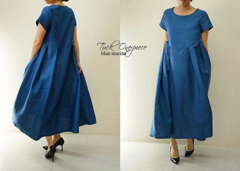 ベルギーリネン100% ドレス・ワンピース/ブルー マリーヌ a19-14 - 洋裝/連身裙 - 其他材質 