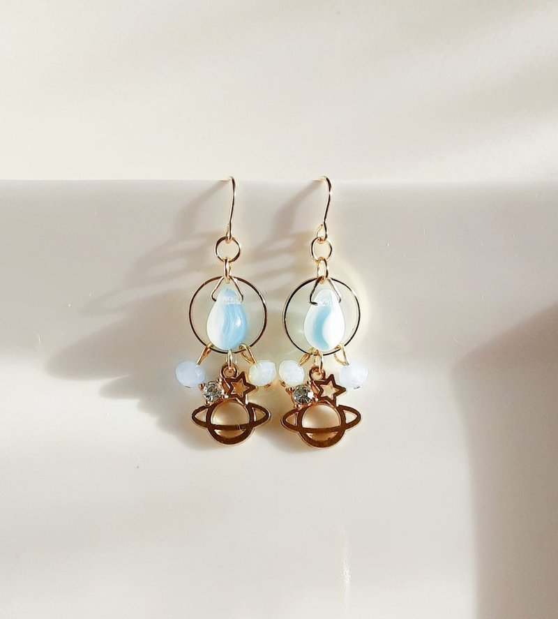 Saturn charm and circle hoop marble light blue color earrings Birthday gift Jewels Cute earrings Allergy-friendly or Clip-On change possible - Earrings & Clip-ons - Glass Blue