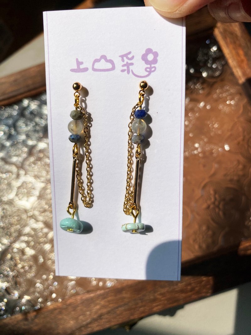蘭諾尼雅 鑽切款 藍紋 水晶 綠松 長墜 耳環 客製化 改夾  14K - 耳環/耳夾/耳骨夾 - 寶石 