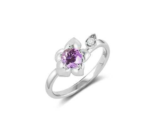 Majade Jewelry Design 紫水晶14k白金鑽石訂婚戒指 非傳統蘭花結婚戒指 大自然花卉戒指