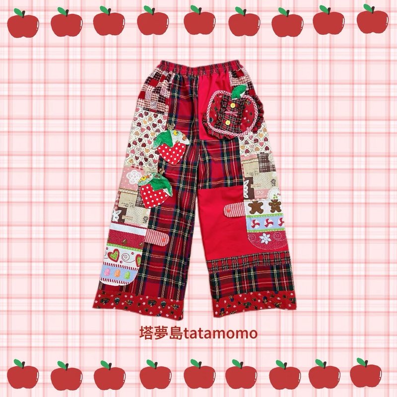 Fruit Collage Party Asymmetrical Patchwork Red Plaid Wide Leg Pants - กางเกงขายาว - ผ้าฝ้าย/ผ้าลินิน สีแดง