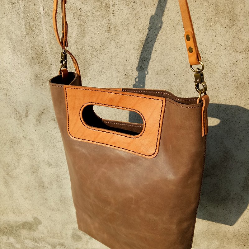 Hand with shoulder and back with a small bag (full hand stitch / all leather) - Messenger Bags & Sling Bags - Genuine Leather Brown