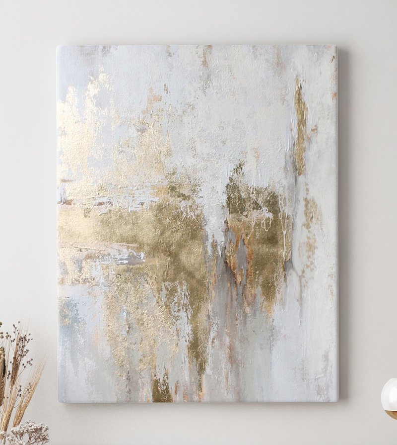 White Painting |  White Gold Abstract | White Wall Art | White Art | Cascade 5 - 壁貼/牆壁裝飾 - 棉．麻 金色