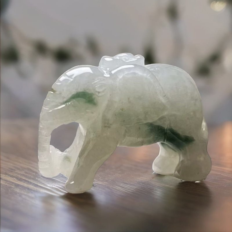 【吉象福壽】冰飄藍花翡翠大象擺飾 | 天然緬甸玉翡翠A貨 | 送禮 - 擺飾/家飾品 - 玉石 多色
