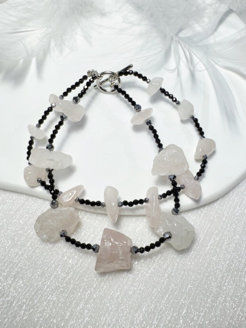 【FONG】優しき守護 - 原石ローズクォーツ × ブラックスピネル エネルギーダブルブレスレット - ブレスレット - クリスタル 