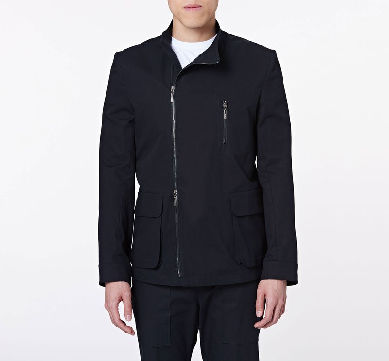 Stand collar elastic asymmetric design water repellent jacket - black - เสื้อโค้ทผู้ชาย - ผ้าฝ้าย/ผ้าลินิน สีดำ