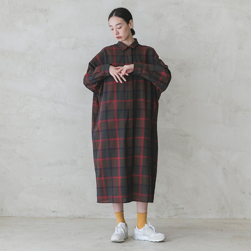[Classic original] Sequence_Sequence shirt dress_CLD503_Red and green plaid - One Piece Dresses - Cotton & Hemp Multicolor