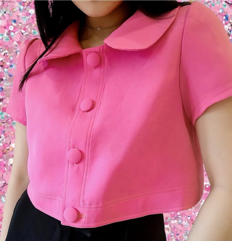 Hot pink crop top with flat collar - 女上衣/長袖上衣 - 聚酯纖維 粉紅色