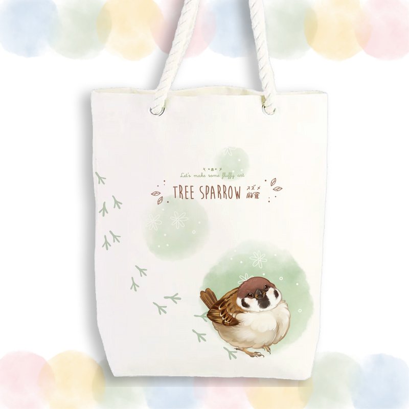 Wild Bird Ball Series - Spring Sparrow Original Illustration Linen Canvas Tote Bag - กระเป๋าถือ - ผ้าฝ้าย/ผ้าลินิน ขาว