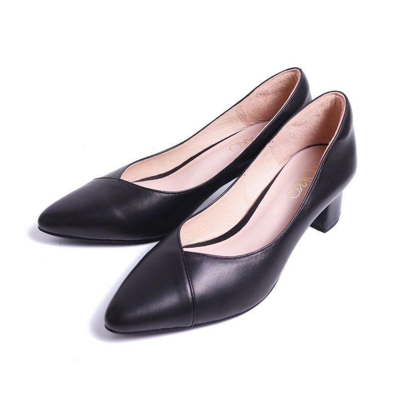 柔美拼接親膚真皮粗跟包鞋黑色 - 高跟鞋/跟鞋 - 真皮 黑色