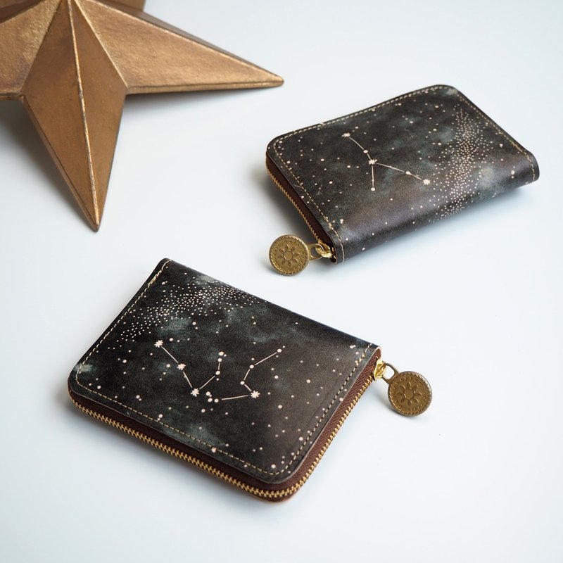 Round zipper compact wallet / Starry sky of 12 constellations / 12 designs - กระเป๋าสตางค์ - หนังแท้ สีดำ