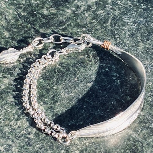 スターリング シルバー フェザー ブレスレット ダブル チェーン