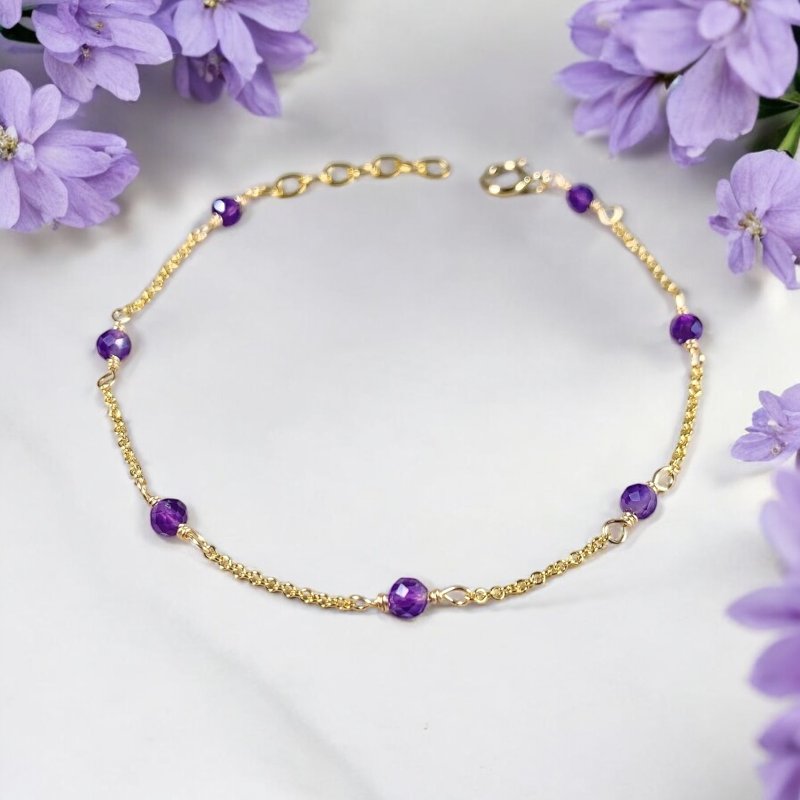 Amethyst Bracelet | 14K Gold Filled | Gemstone | Feb Birthstone - สร้อยข้อมือ - เครื่องเพชรพลอย สีม่วง